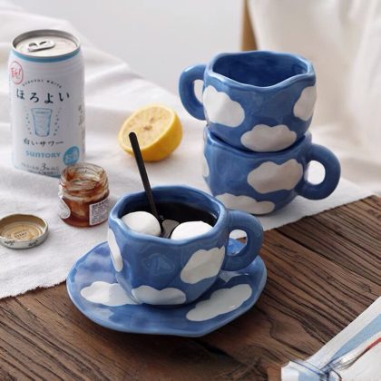 Hand Painted Blue Sky White Clouds Mug with Saucer