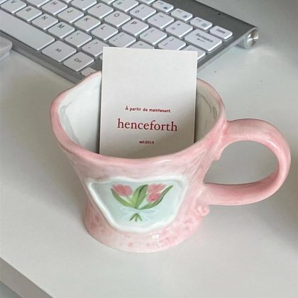 CuteLife Nordic Flower Ceramic Coffee Mug, Pink